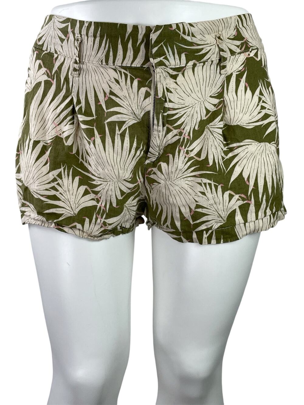 Tahari Green Cream Linen Tropical Palm Trees Print Summer Casual Shorts Size XL